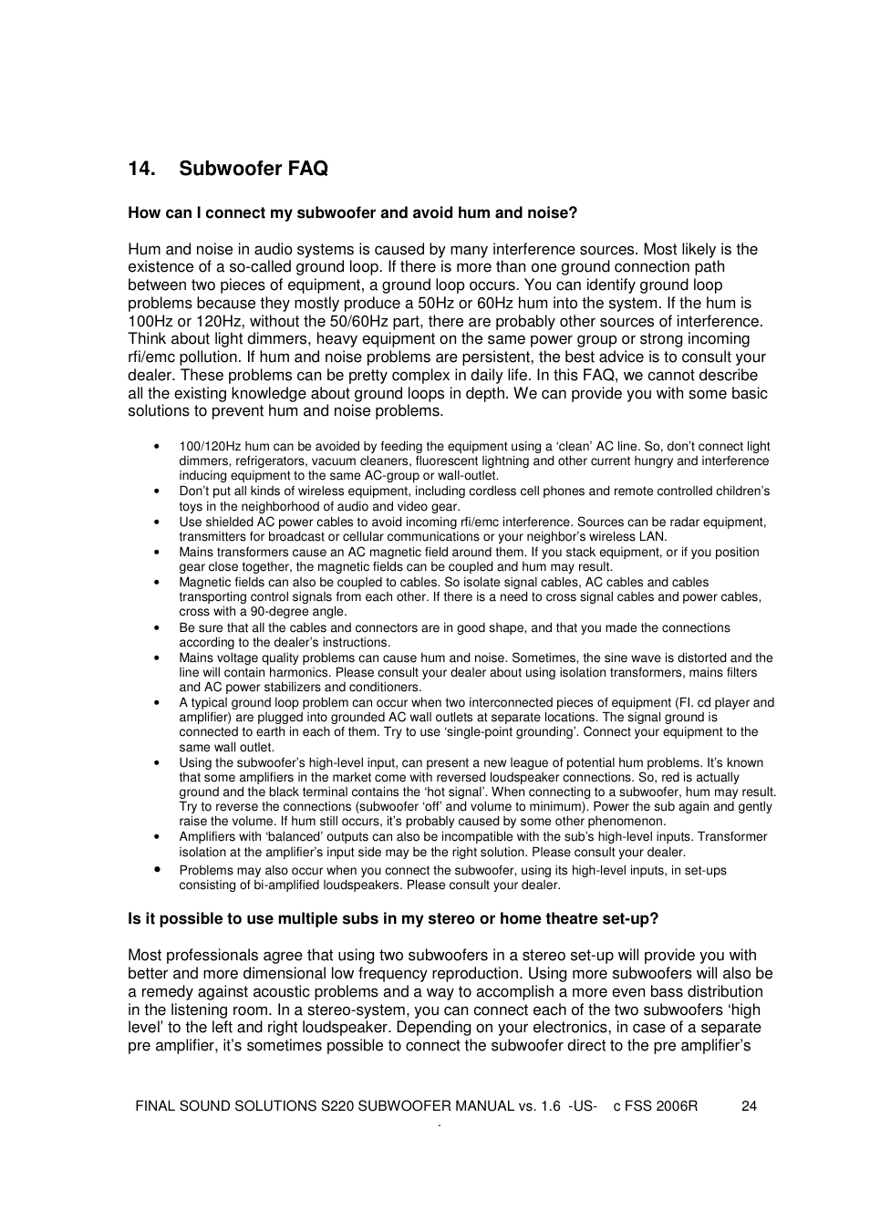 Subwoofer faq | Final Sound S220 User Manual | Page 24 / 26