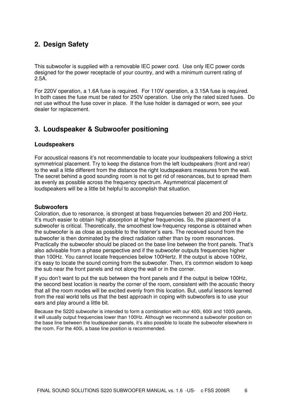 Design safety, Loudspeaker & subwoofer positioning | Final Sound S220 User Manual | Page 6 / 26