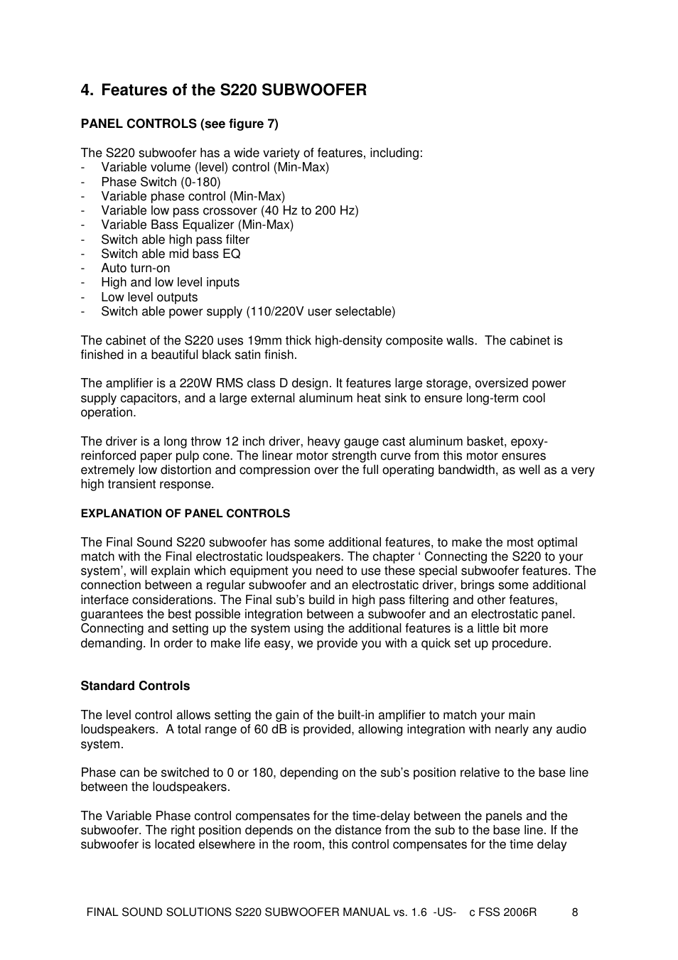 Features of the s220 subwoofer | Final Sound S220 User Manual | Page 8 / 26