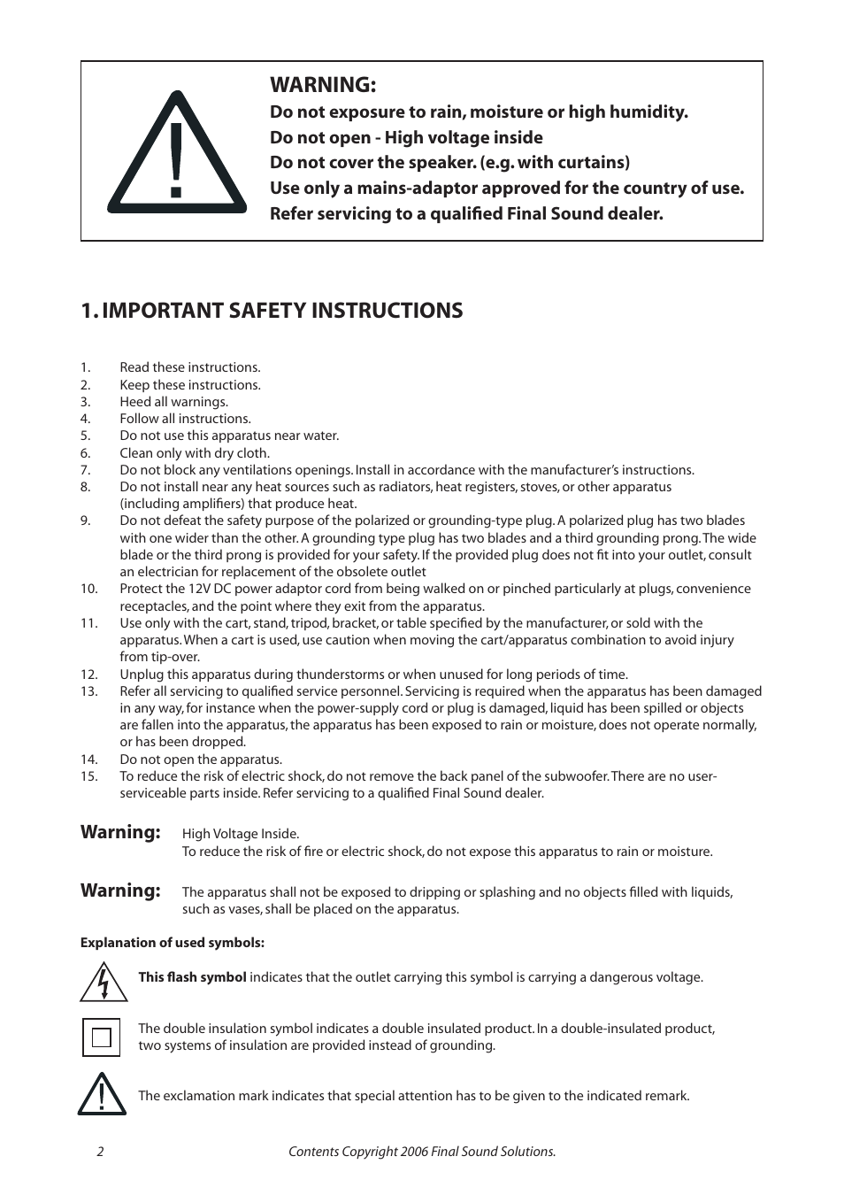 Warning, Important safety instructions | Final Sound F1000i User Manual | Page 2 / 24