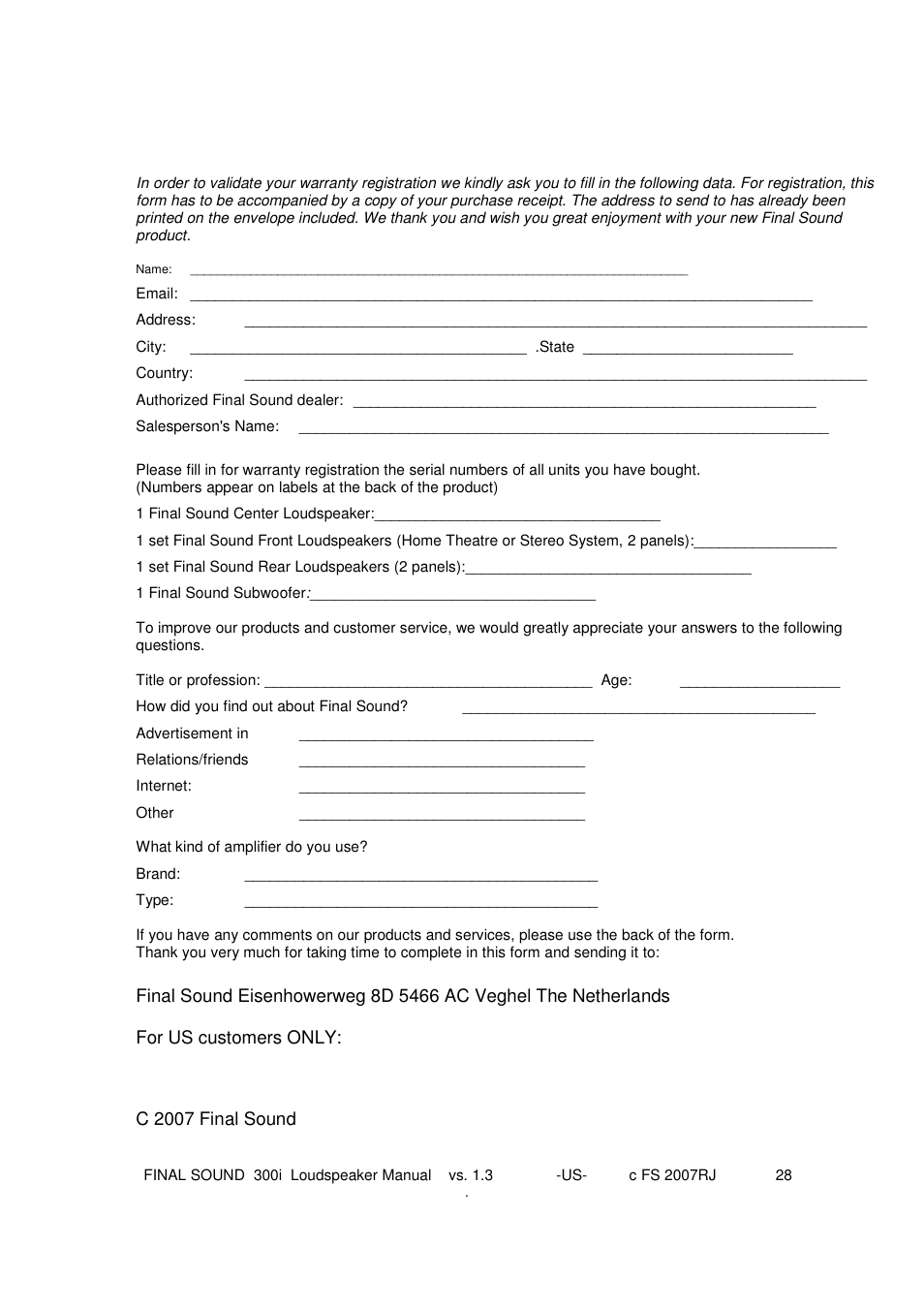 Limited warranty registration card | Final Sound Final 300i User Manual | Page 28 / 28