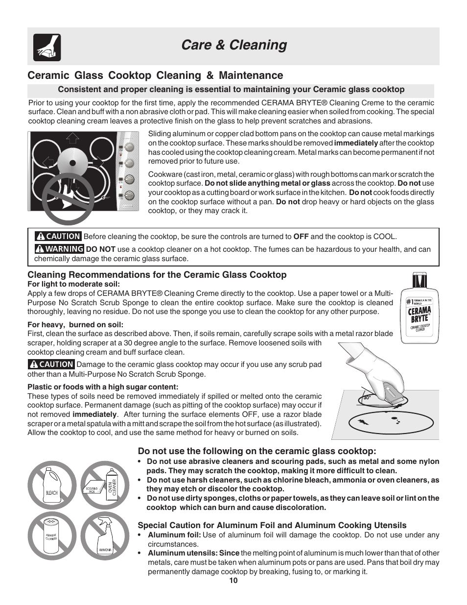 Care & cleaning, Ceramic glass cooktop cleaning & maintenance | FRIGIDAIRE 318200633 User Manual | Page 10 / 12