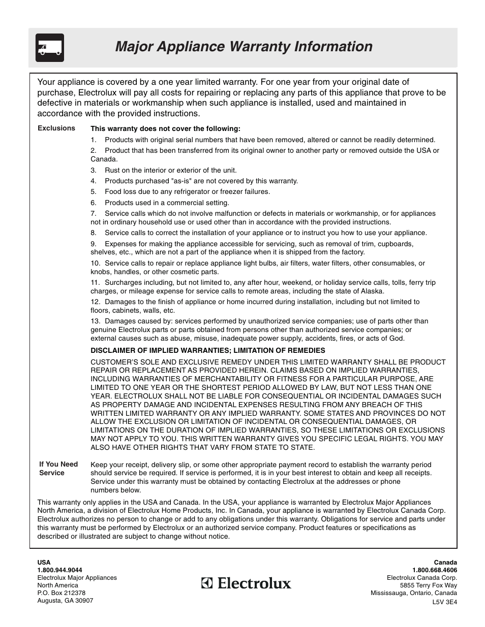 Major appliance warranty information | FRIGIDAIRE 318200633 User Manual | Page 12 / 12