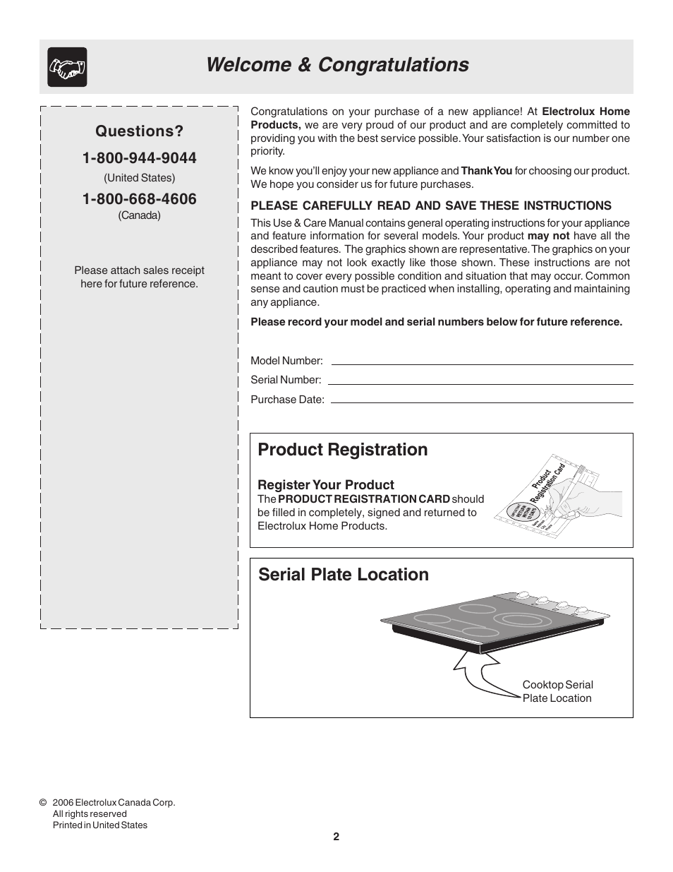 Product registration, Serial plate location | FRIGIDAIRE 318200633 User Manual | Page 2 / 12