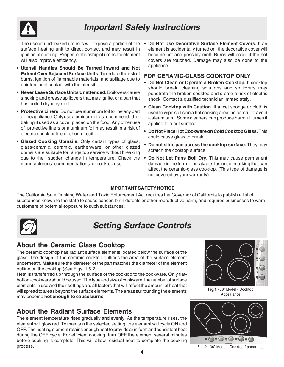 Important safety instructions, Setting surface controls, About the ceramic glass cooktop | About the radiant surface elements | FRIGIDAIRE 318200633 User Manual | Page 4 / 12