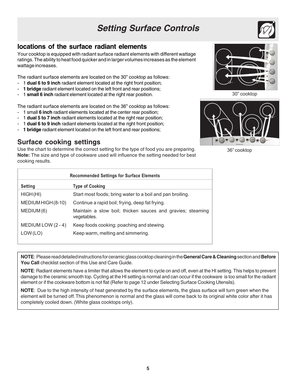 Setting surface controls, Locations of the surface radiant elements, Surface cooking settings | FRIGIDAIRE 318200633 User Manual | Page 5 / 12