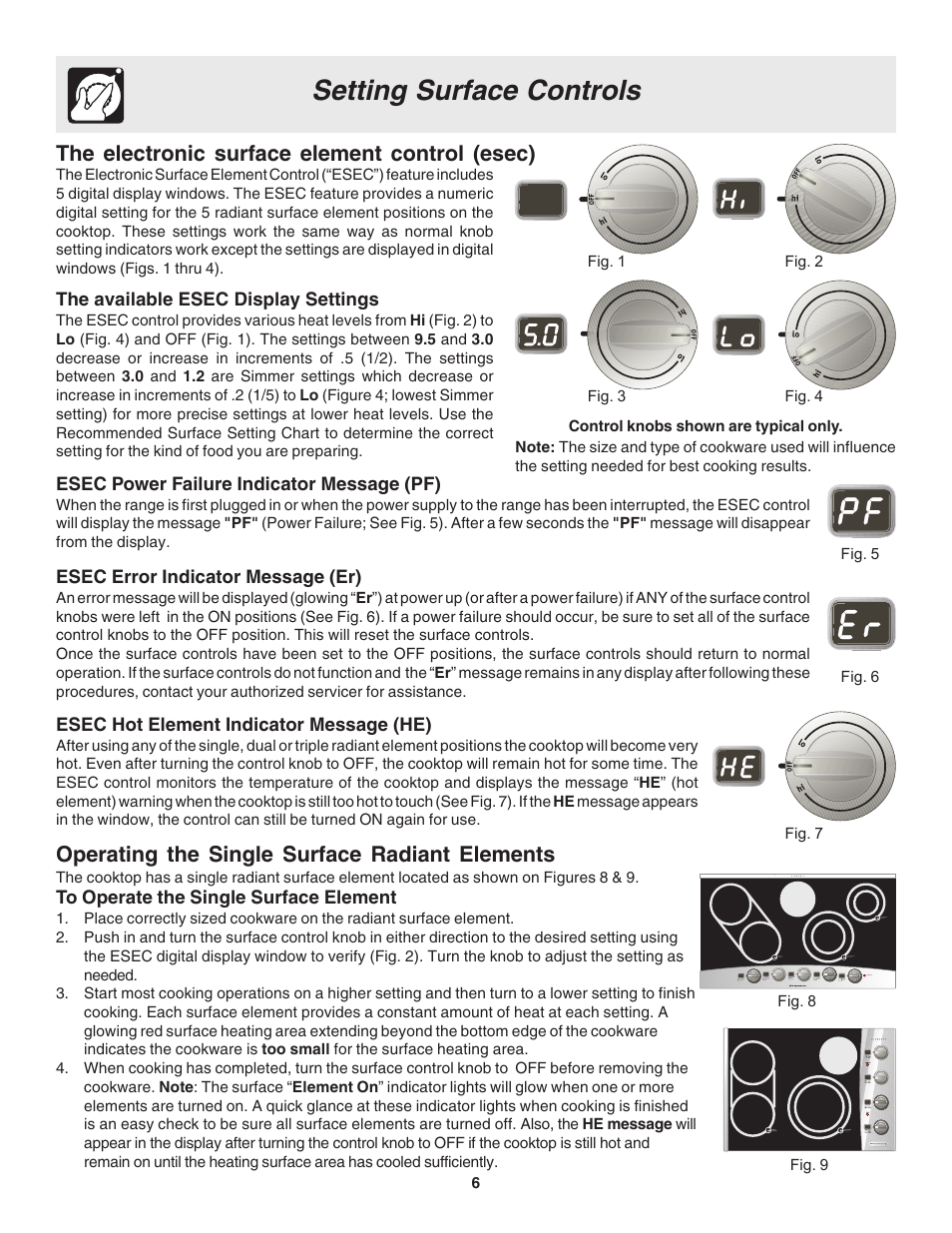 Setting surface controls, The electronic surface element control (esec), Operating the single surface radiant elements | FRIGIDAIRE 318200633 User Manual | Page 6 / 12