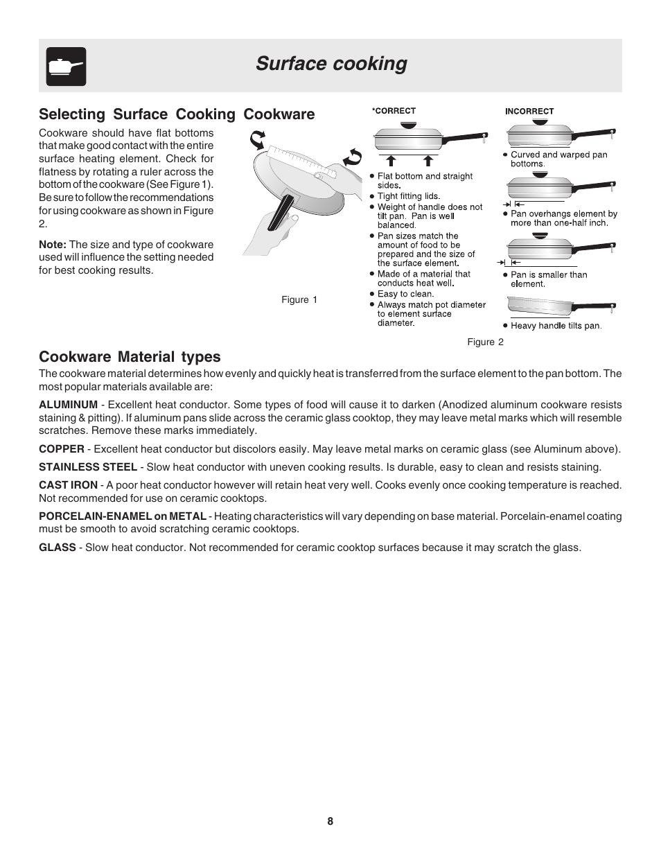 Surface cooking, Selecting surface cooking cookware, Cookware material types | FRIGIDAIRE 318200633 User Manual | Page 8 / 12