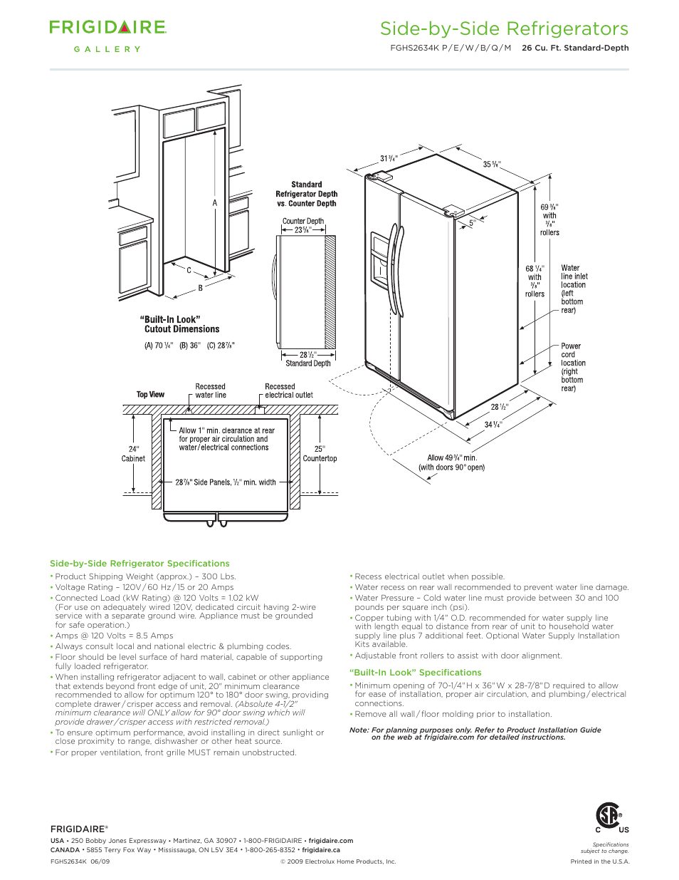 Standard-depth refrigerator - 26 cu. ft. gallery, Side-by-side refrigerators | FRIGIDAIRE FGHS2634KE User Manual | Page 2 / 2