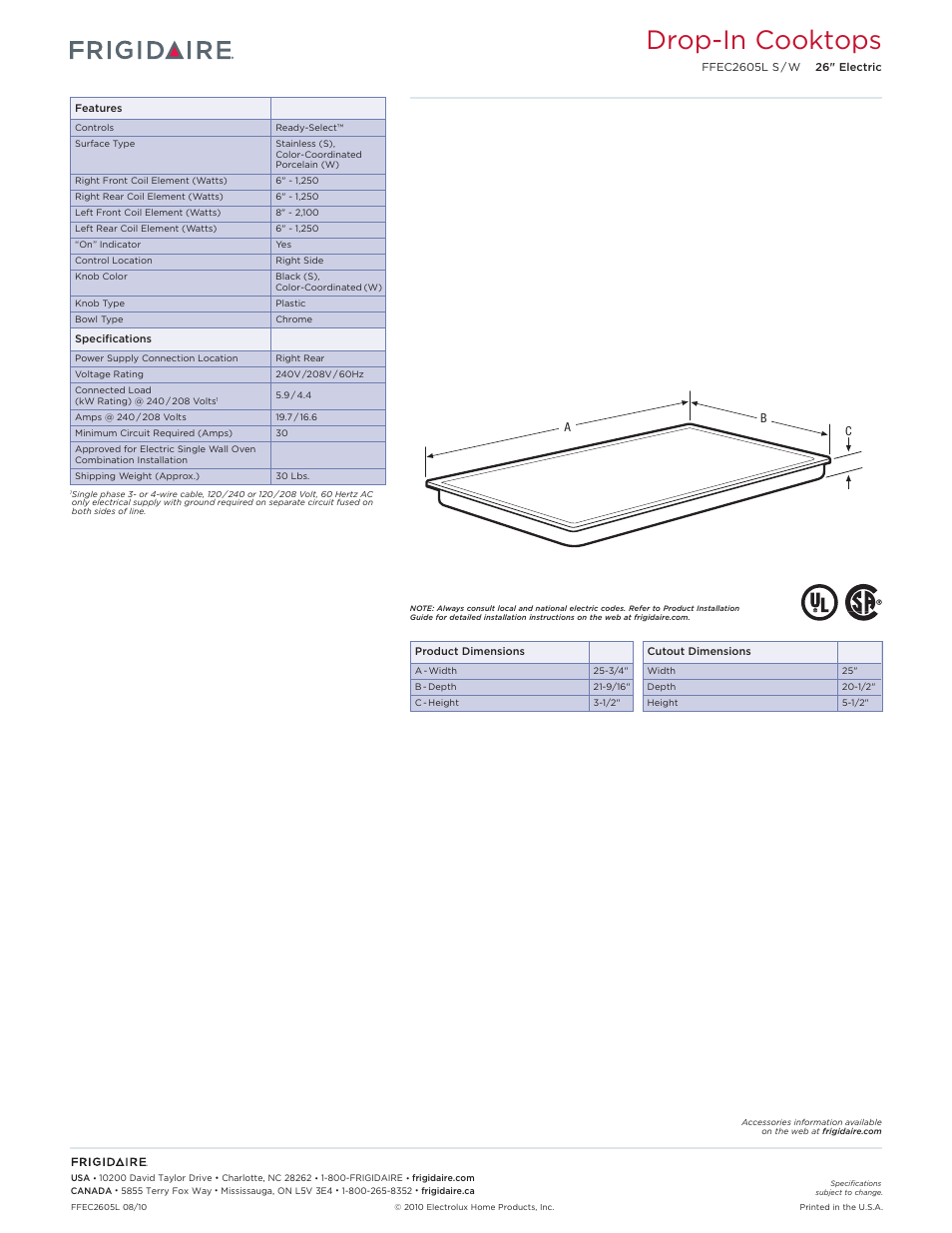Drop-in electric cooktops frigidaire baseline, Drop-in cooktops | FRIGIDAIRE FFEC2605L S/W User Manual | Page 2 / 2