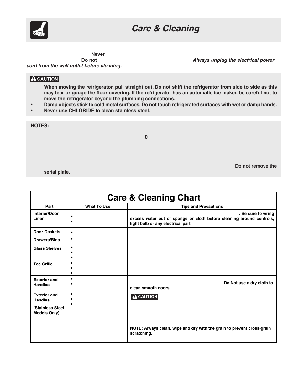 Care & cleaning, Care & cleaning chart | FRIGIDAIRE 241796900 User Manual | Page 17 / 20