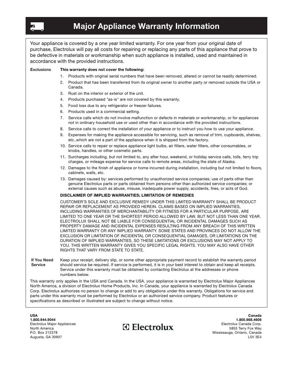 Major appliance warranty information | FRIGIDAIRE 241796900 User Manual | Page 19 / 20