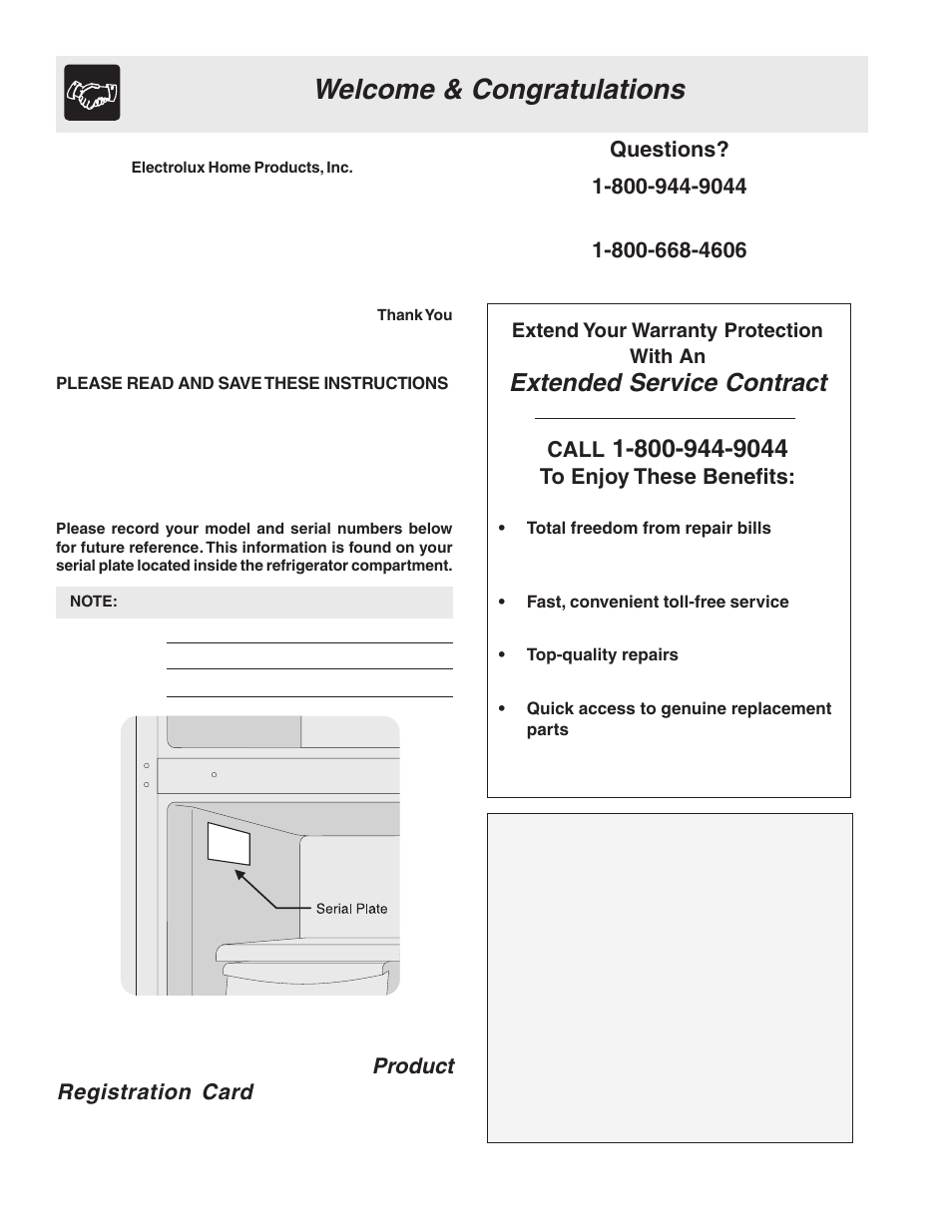 Extended service contract, Product registration card | FRIGIDAIRE 241796900 User Manual | Page 2 / 20