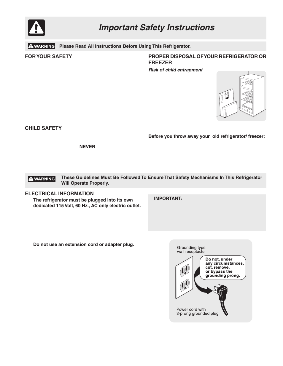 Important safety instructions | FRIGIDAIRE 241796900 User Manual | Page 3 / 20