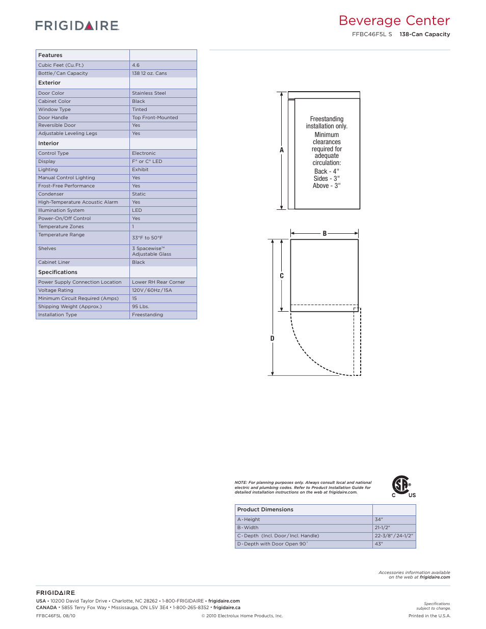 Wine cooler (no handle) frigidaire baseline, Beverage center | FRIGIDAIRE FFBC46F5L S User Manual | Page 2 / 2
