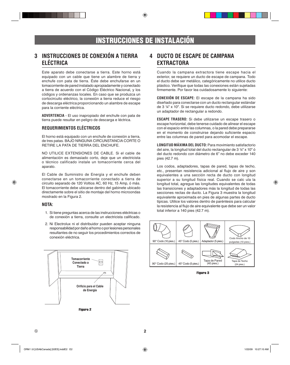 Instrucciones de instalación, 3 instrucciones de conexión a tierra eléctrica, 4 ducto de escape de campana extractora | Electrolux EI30SM55JS User Manual | Page 10 / 24
