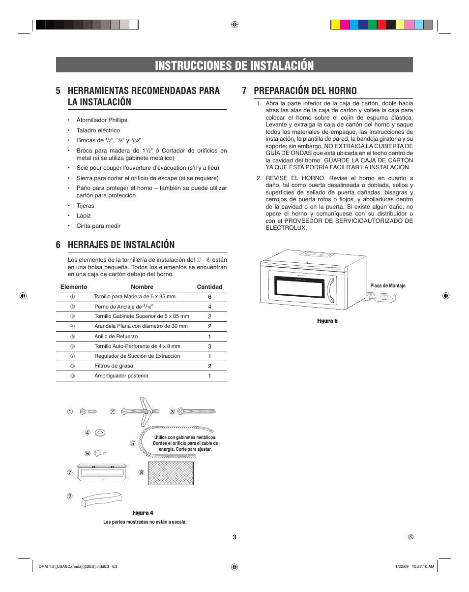 Instrucciones de instalación, 5 herramientas recomendadas para la instalación, 6 herrajes de instalación | 7 preparación del horno | Electrolux EI30SM55JS User Manual | Page 11 / 24