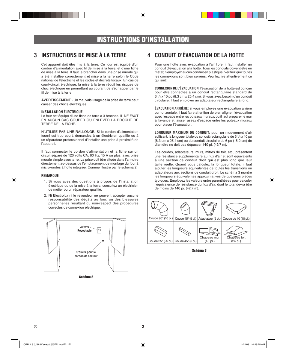 Instructions d’installation, 3 instructions de mise à la terre, 4 conduit d’évacuation de la hotte | Electrolux EI30SM55JS User Manual | Page 18 / 24