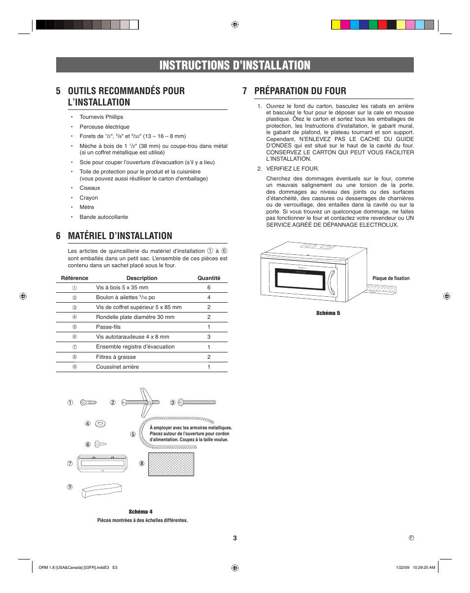 Instructions d’installation, 5 outils recommandés pour l ‚ installation, 6 matériel d’installation | 7 préparation du four | Electrolux EI30SM55JS User Manual | Page 19 / 24