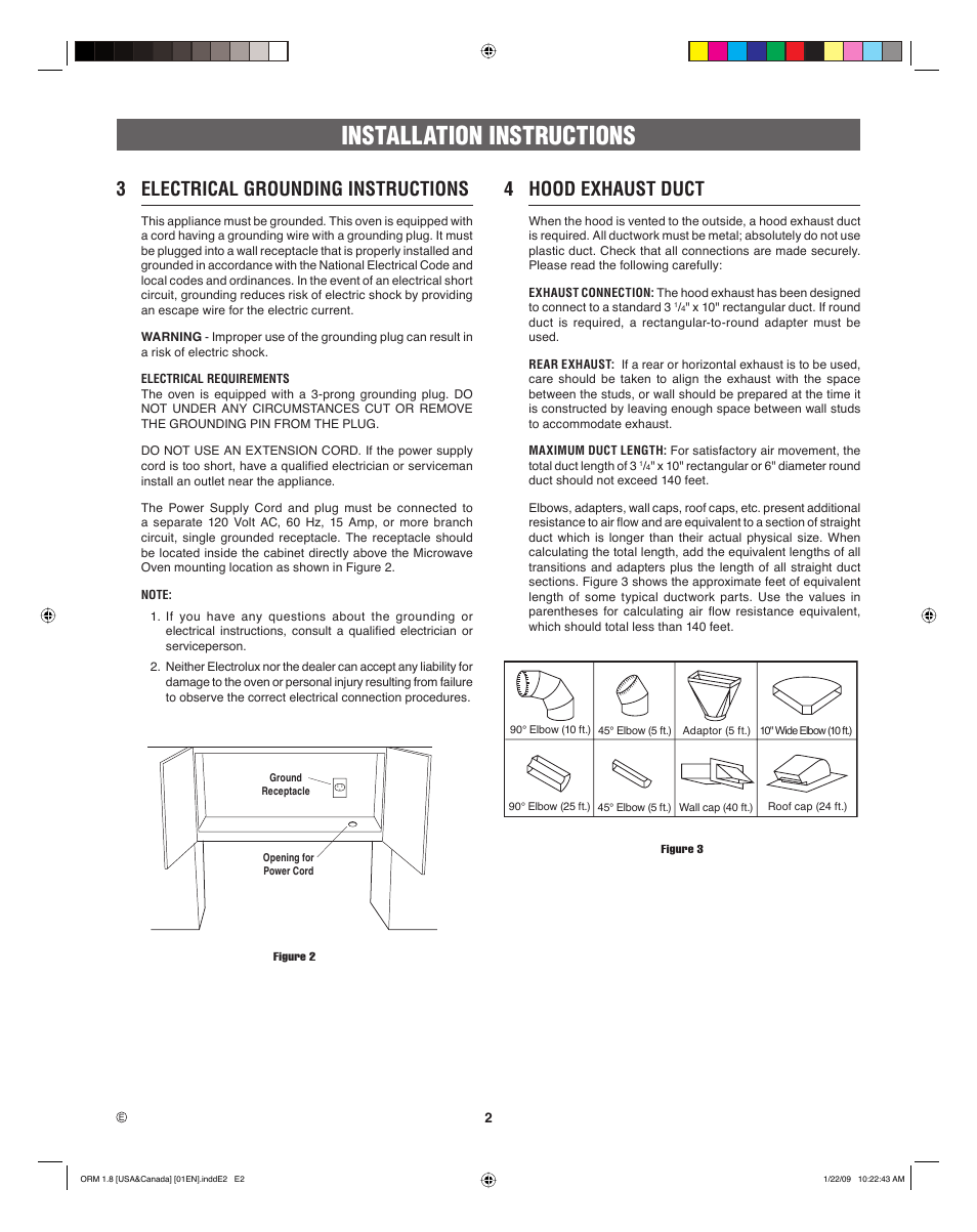 Installation instructions, 3 electrical grounding instructions, 4 hood exhaust duct | Electrolux EI30SM55JS User Manual | Page 2 / 24