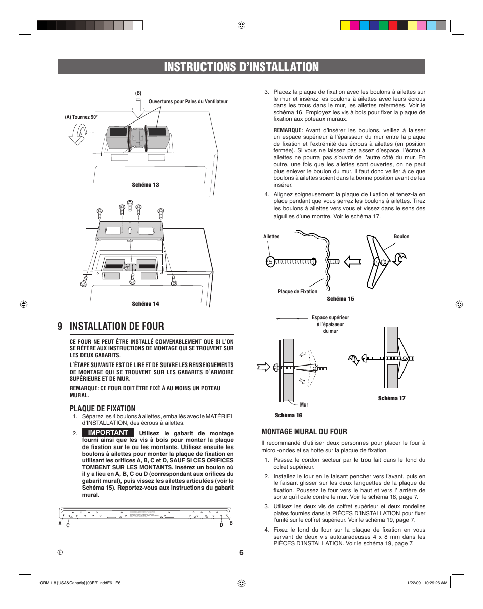 Instructions d’installation, 9 installation de four, Montage mural du four | Plaque de fixation | Electrolux EI30SM55JS User Manual | Page 22 / 24