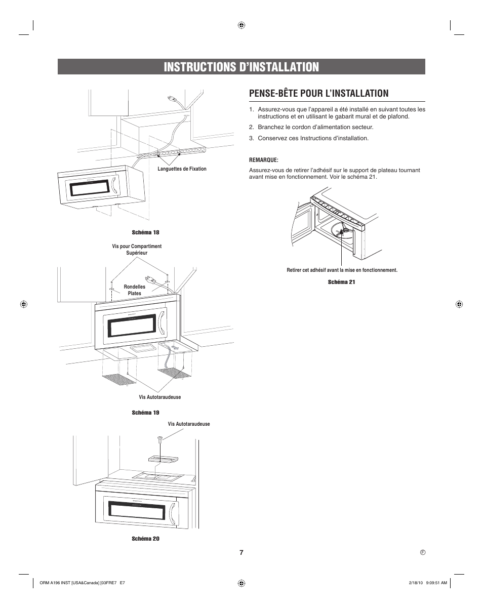 Instructions d’installation, Pense-bête pour l’installation | Electrolux EI30SM55JS User Manual | Page 23 / 24