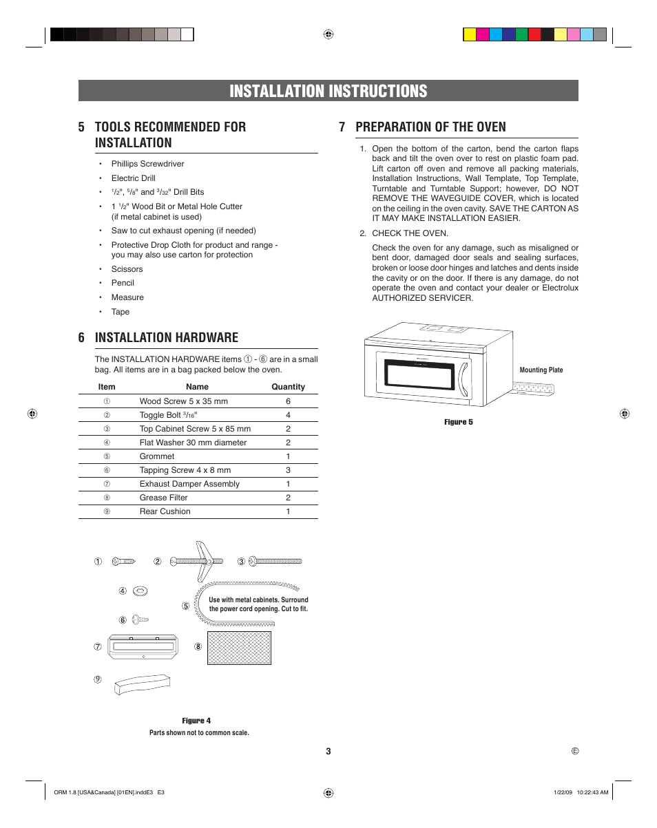 Installation instructions, 5 tools recommended for installation, 6 installation hardware | 7 preparation of the oven | Electrolux EI30SM55JS User Manual | Page 3 / 24