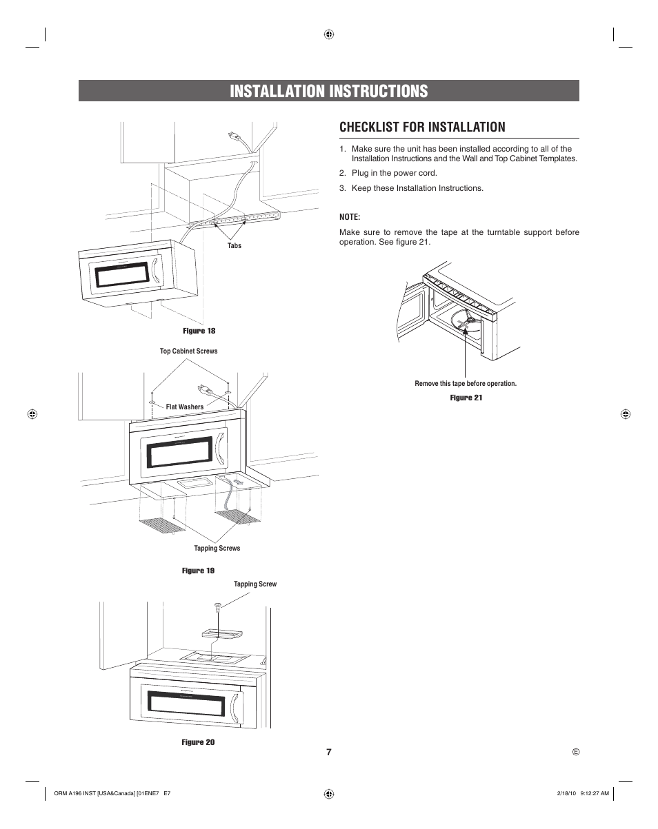 Installation instructions, Checklist for installation | Electrolux EI30SM55JS User Manual | Page 7 / 24