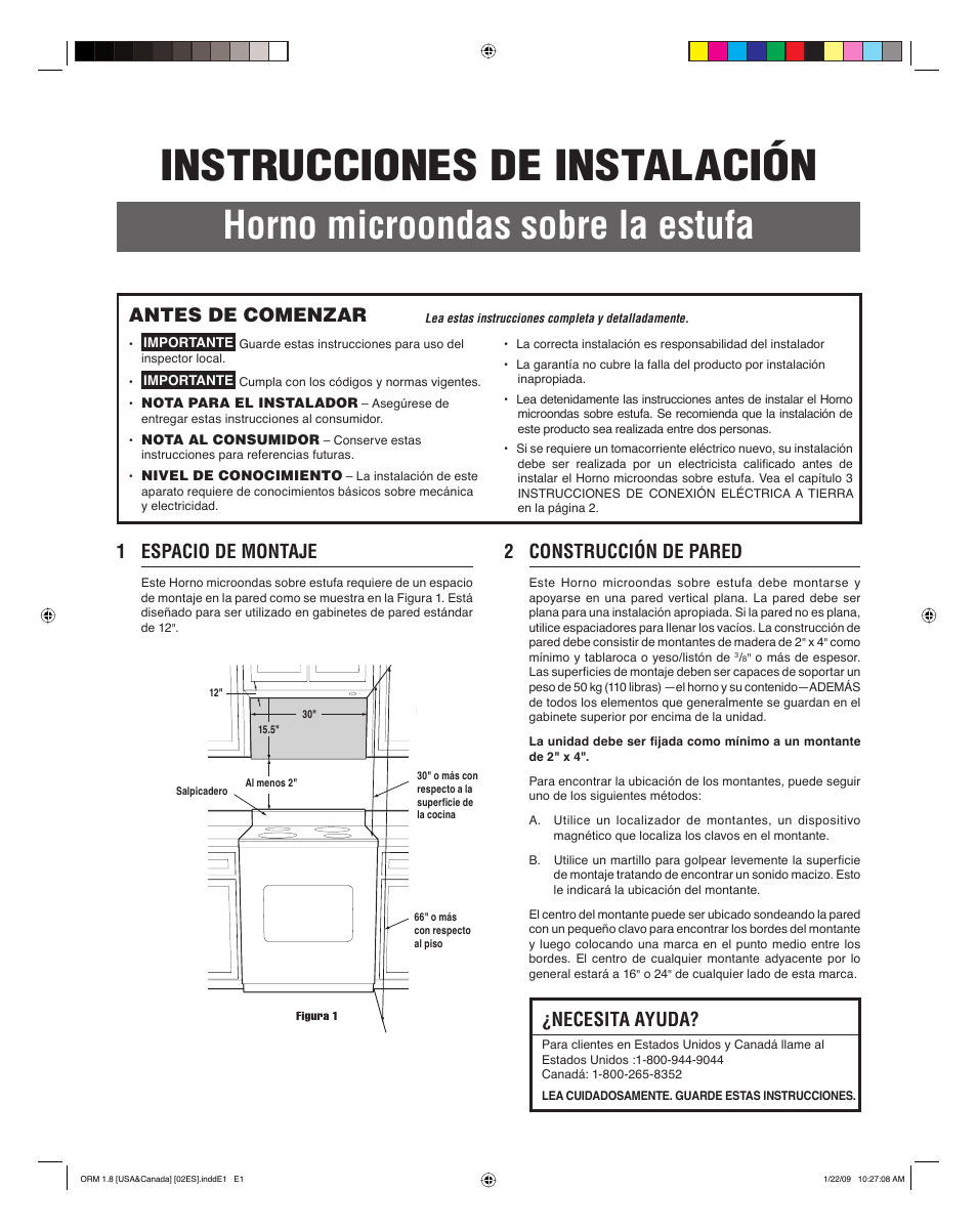 Instrucciones de instalación, Horno microondas sobre la estufa, 1 espacio de montaje | 2 construcción de pared, Antes de comenzar, Necesita ayuda | Electrolux EI30SM55JS User Manual | Page 9 / 24