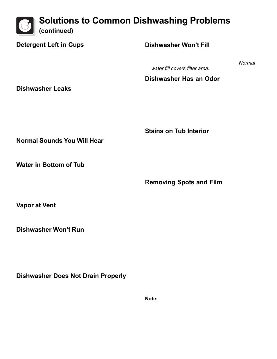 Solutions to common dishwashing problems | FRIGIDAIRE Dishwasher Tower Wash System User Manual | Page 10 / 12