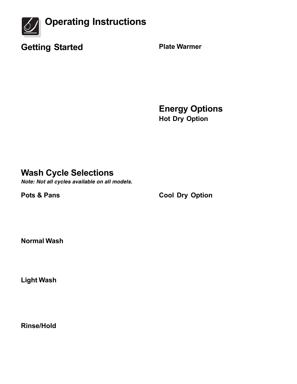 Operating instructions, Getting started, Wash cycle selections | Energy options | FRIGIDAIRE Dishwasher Tower Wash System User Manual | Page 3 / 12