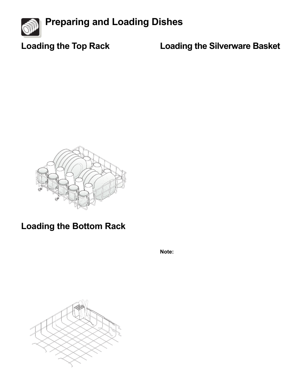 Preparing and loading dishes, Loading the silverware basket, Loading the top rack | Loading the bottom rack | FRIGIDAIRE Dishwasher Tower Wash System User Manual | Page 5 / 12