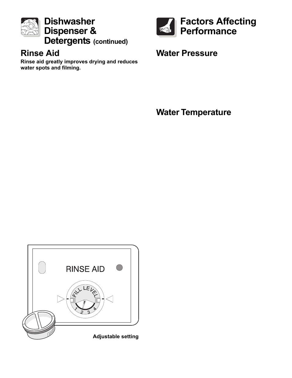 Dishwasher dispenser & detergents, Factors affecting performance, Rinse aid | Water pressure, Water temperature | FRIGIDAIRE Dishwasher Tower Wash System User Manual | Page 7 / 12