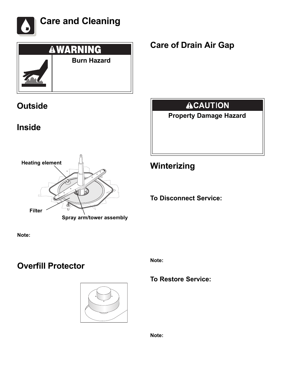 Care and cleaning, Outside, Inside | Care of drain air gap, Overfill protector, Winterizing | FRIGIDAIRE Dishwasher Tower Wash System User Manual | Page 8 / 12