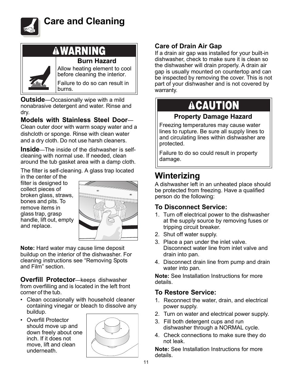 Care and cleaning, Winterizing | FRIGIDAIRE 200 Series User Manual | Page 11 / 16