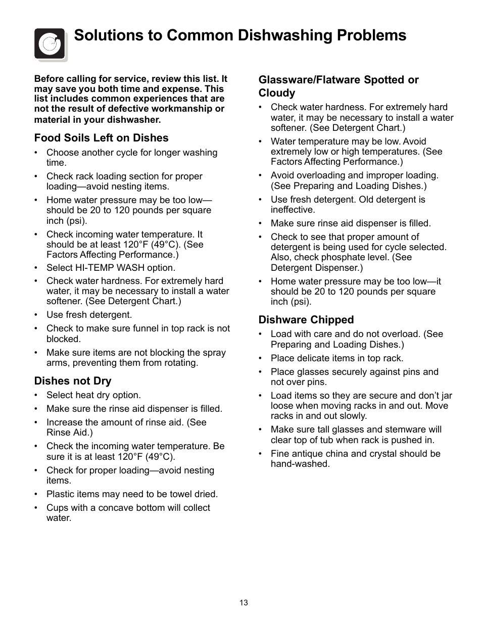 Solutions to common dishwashing problems | FRIGIDAIRE 200 Series User Manual | Page 13 / 16