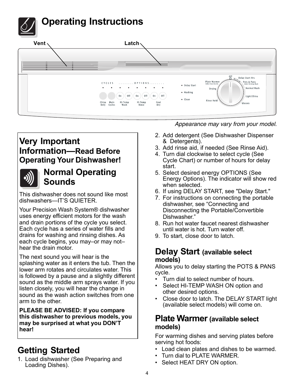 Operating instructions, Very important information, Normal operating sounds | Delay start, Plate warmer, Getting started, Read before operating your dishwasher | FRIGIDAIRE 200 Series User Manual | Page 4 / 16