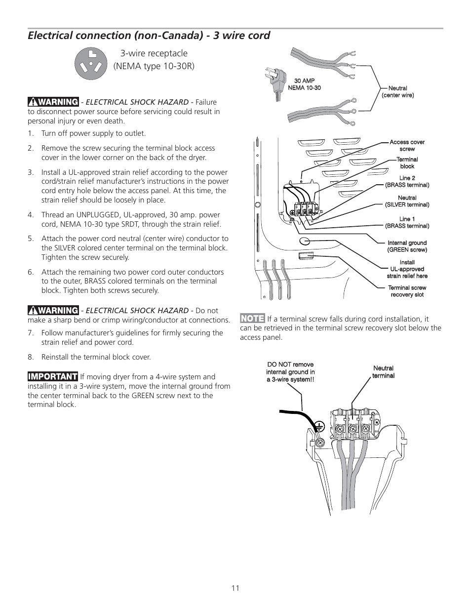 Electrical connection (non-canada) - 3 wire cord, Wire receptacle (nema type 10-30r) | FRIGIDAIRE GLGQ2170KE User Manual | Page 11 / 48