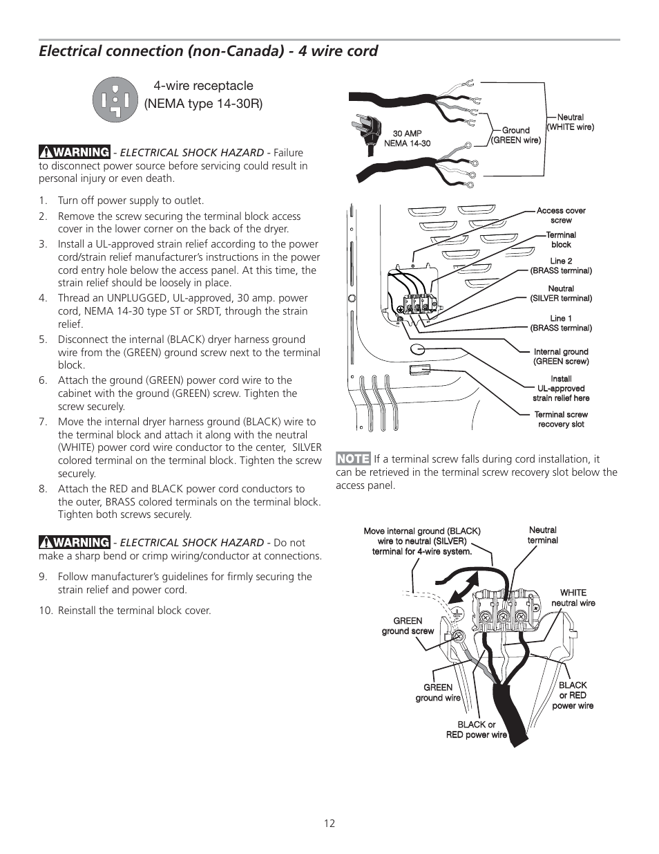 Electrical connection (non-canada) - 4 wire cord, Wire receptacle (nema type 14-30r) | FRIGIDAIRE GLGQ2170KE User Manual | Page 12 / 48