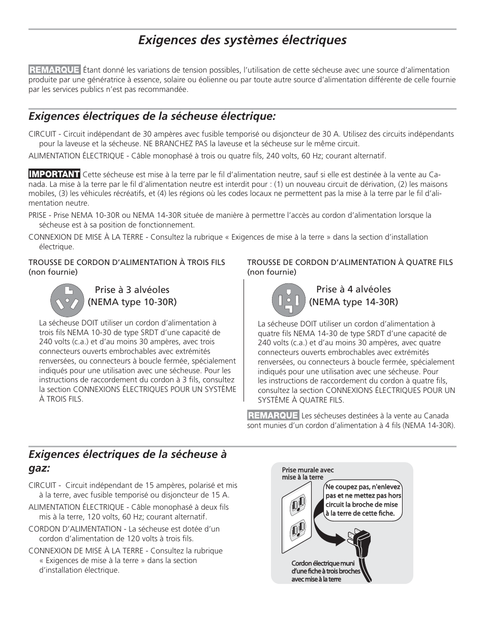 Exigences des systèmes électriques, Exigences électriques de la sécheuse électrique, Exigences électriques de la sécheuse à gaz | FRIGIDAIRE GLGQ2170KE User Manual | Page 18 / 48