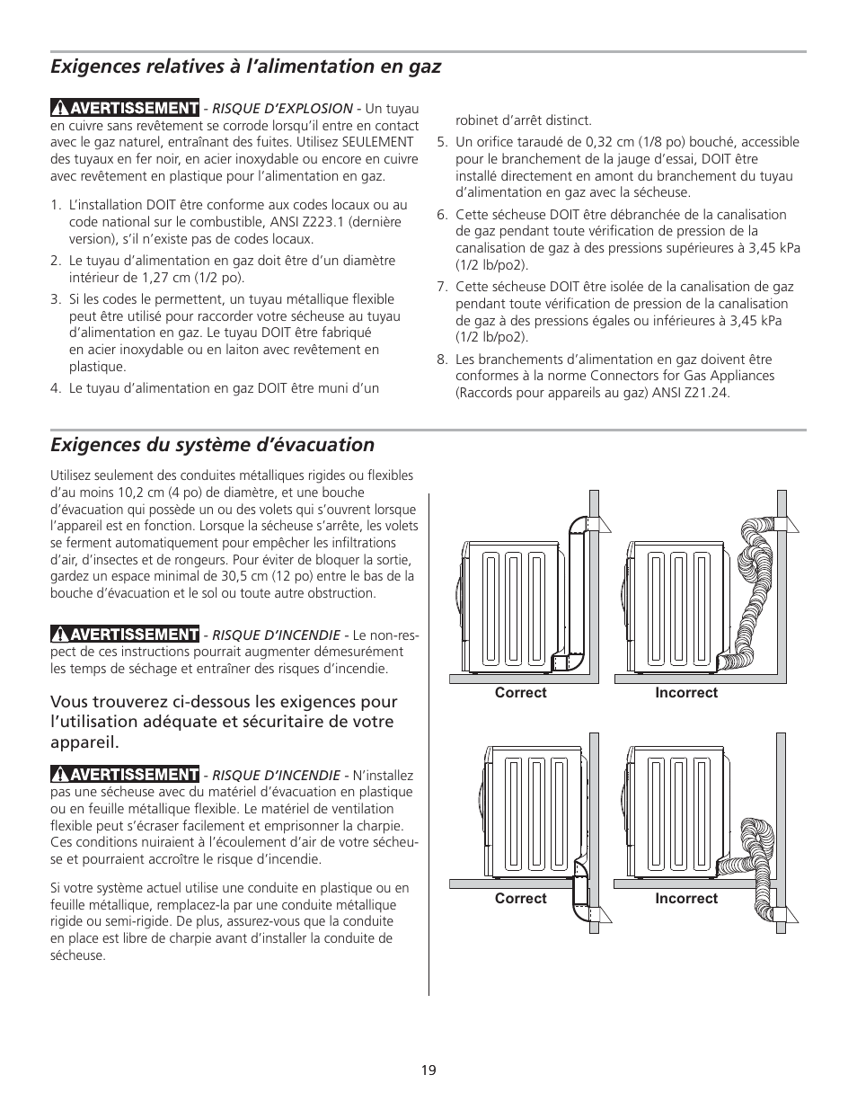 Exigences du système d’évacuation, Exigences relatives à l’alimentation en gaz | FRIGIDAIRE GLGQ2170KE User Manual | Page 19 / 48