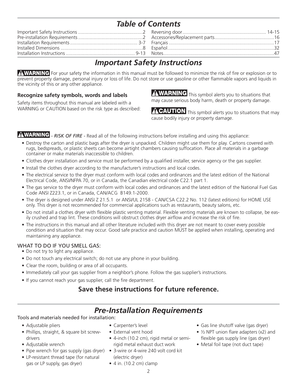 Table of contents important safety instructions, Pre-installation requirements, Save these instructions for future reference | FRIGIDAIRE GLGQ2170KE User Manual | Page 2 / 48