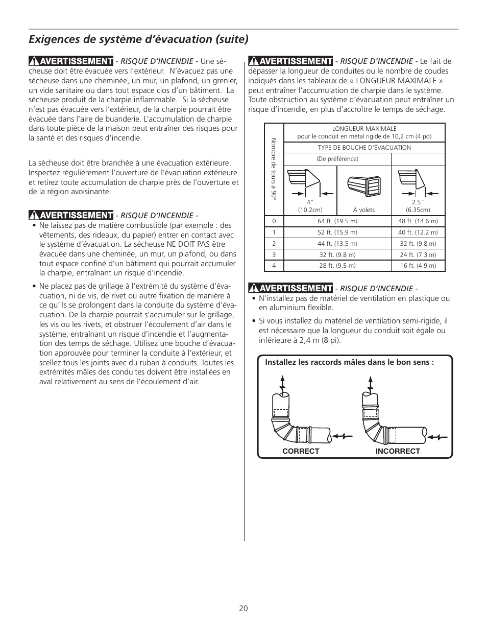 Exigences de système d’évacuation (suite) | FRIGIDAIRE GLGQ2170KE User Manual | Page 20 / 48