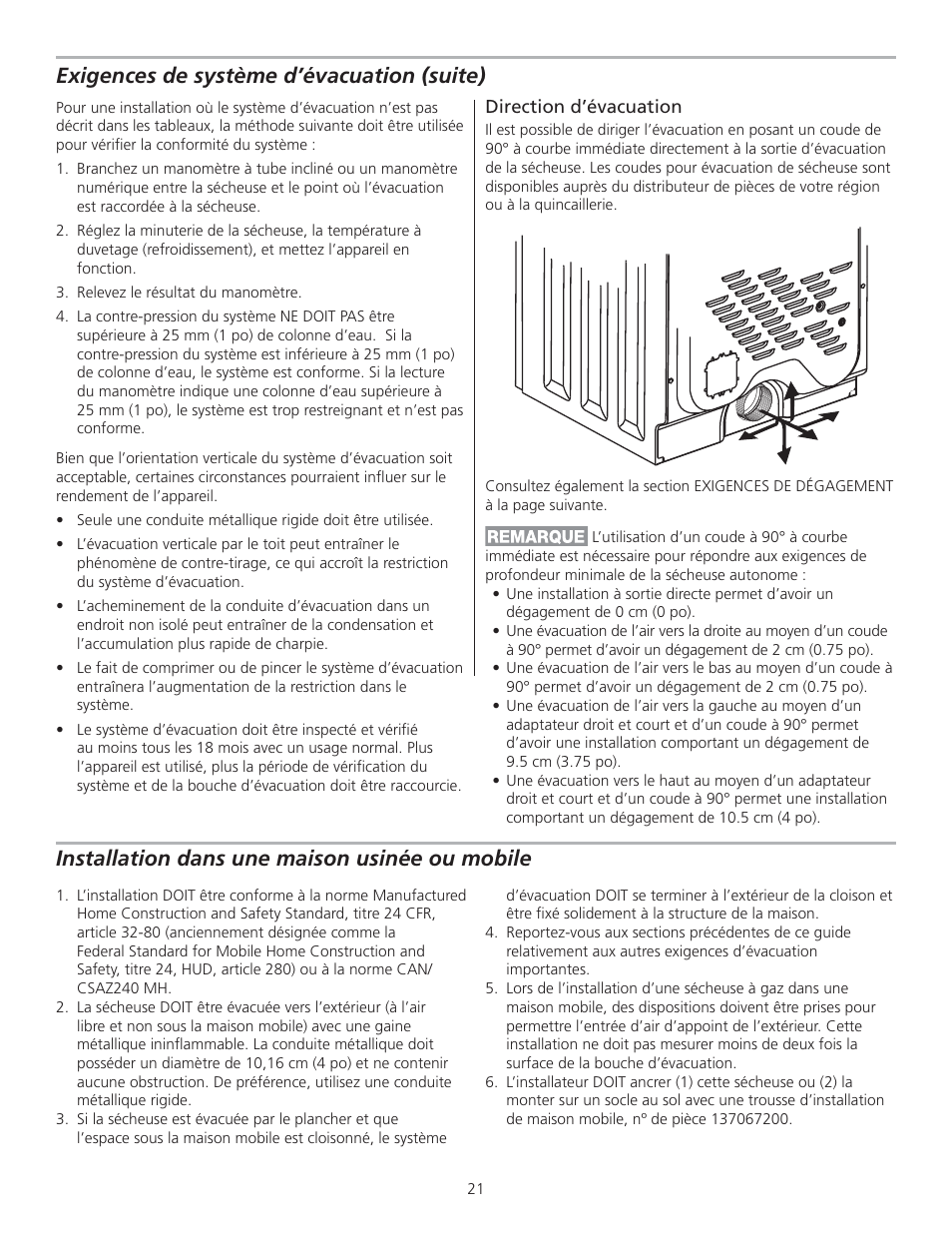 Exigences de système d’évacuation (suite), Installation dans une maison usinée ou mobile | FRIGIDAIRE GLGQ2170KE User Manual | Page 21 / 48