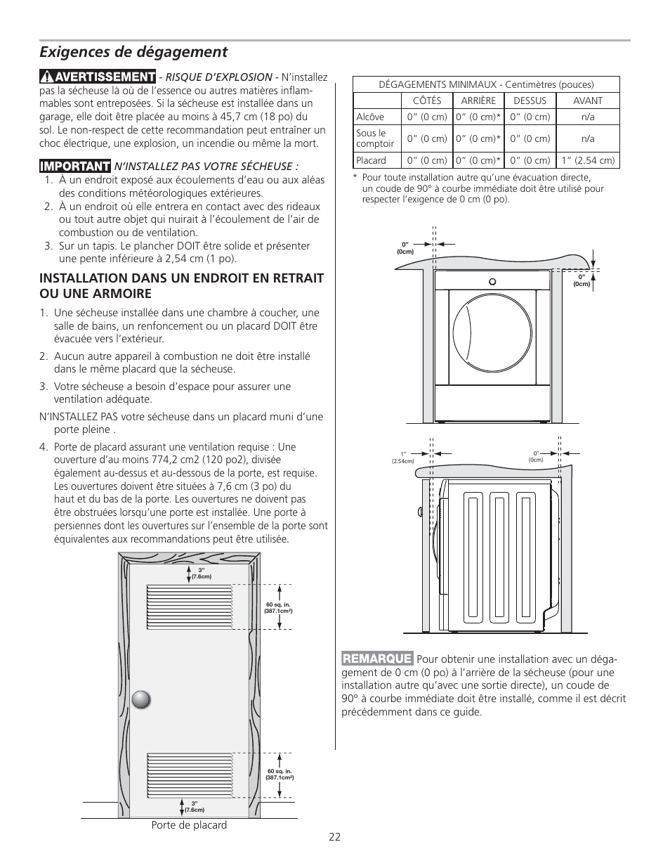 Exigences de dégagement | FRIGIDAIRE GLGQ2170KE User Manual | Page 22 / 48