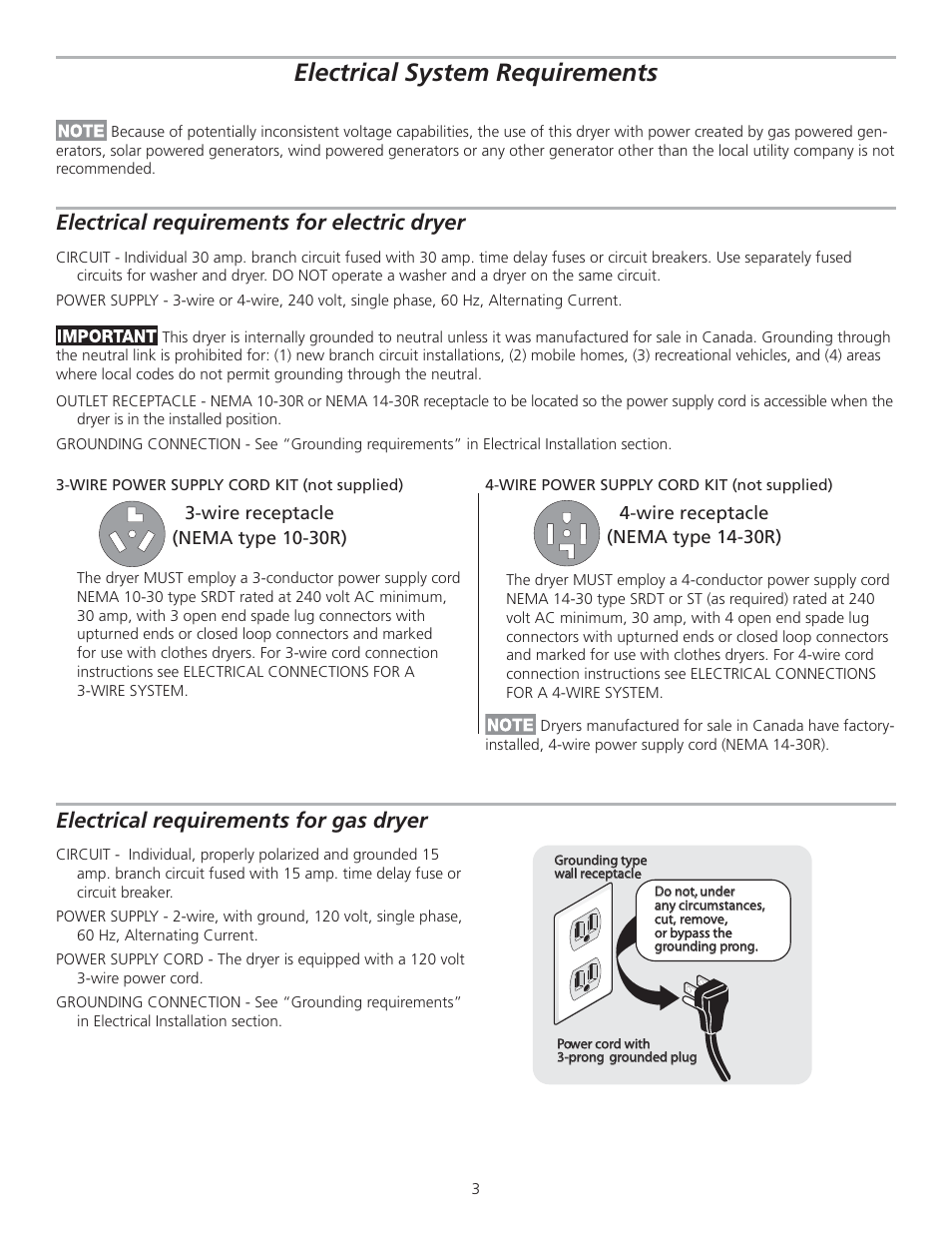 Electrical system requirements, Electrical requirements for electric dryer, Electrical requirements for gas dryer | FRIGIDAIRE GLGQ2170KE User Manual | Page 3 / 48