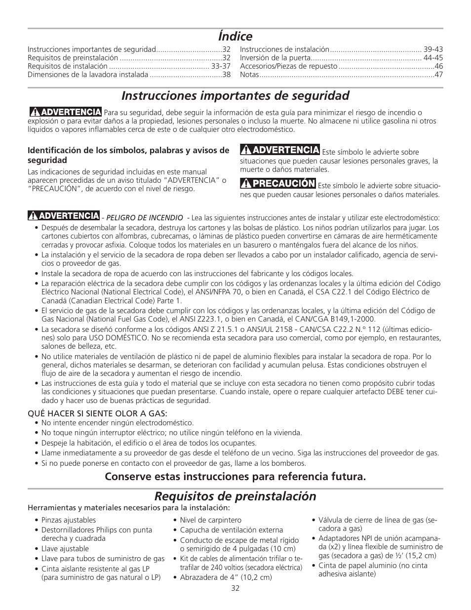 Índice instrucciones importantes de seguridad, Requisitos de preinstalación | FRIGIDAIRE GLGQ2170KE User Manual | Page 32 / 48