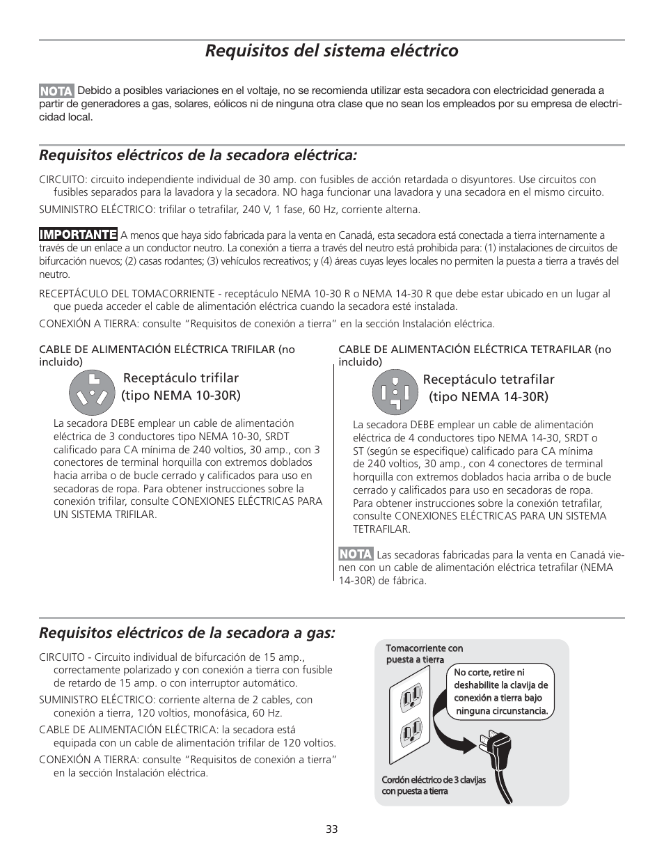 Requisitos del sistema eléctrico, Requisitos eléctricos de la secadora eléctrica, Requisitos eléctricos de la secadora a gas | FRIGIDAIRE GLGQ2170KE User Manual | Page 33 / 48