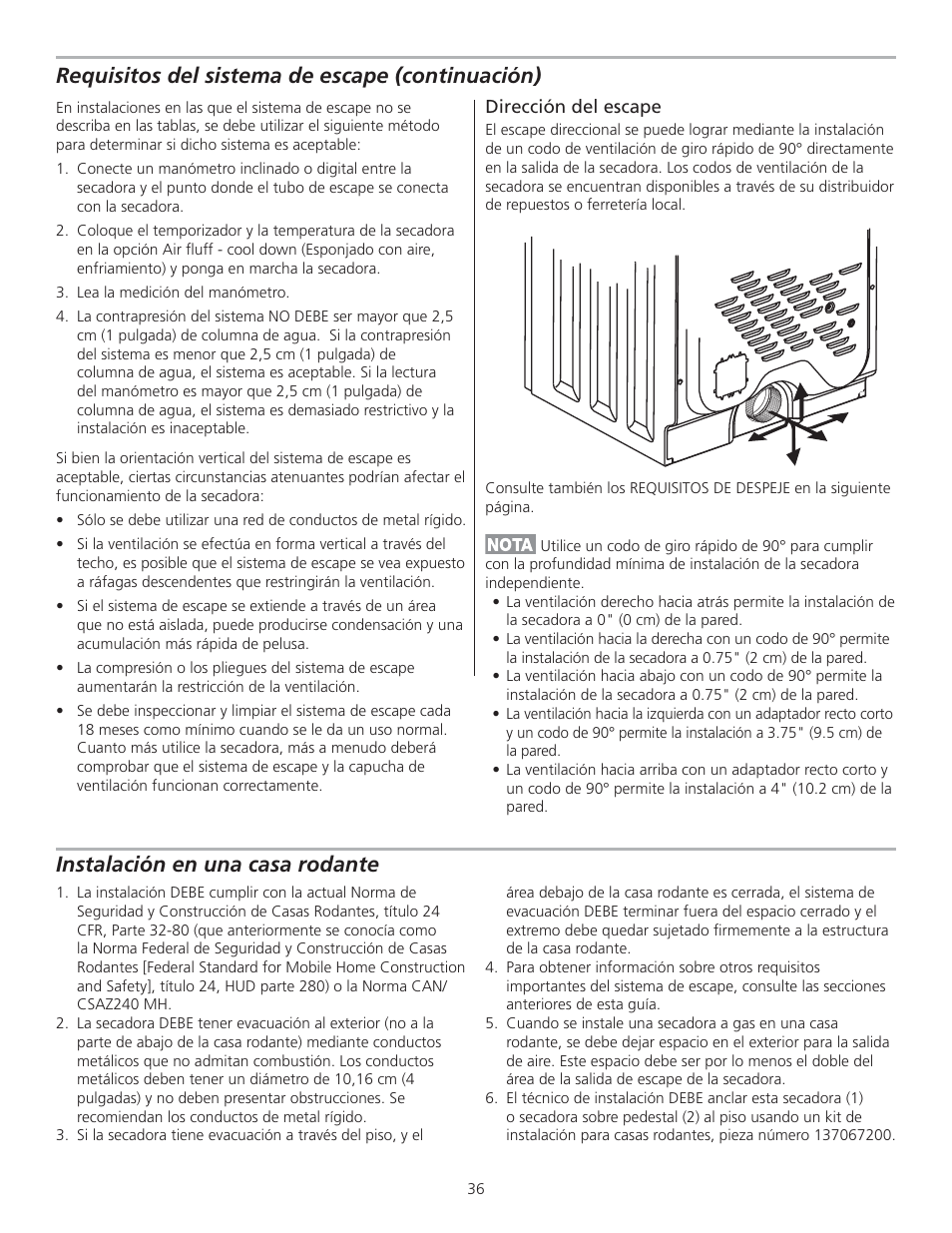 Requisitos del sistema de escape (continuación), Instalación en una casa rodante | FRIGIDAIRE GLGQ2170KE User Manual | Page 36 / 48