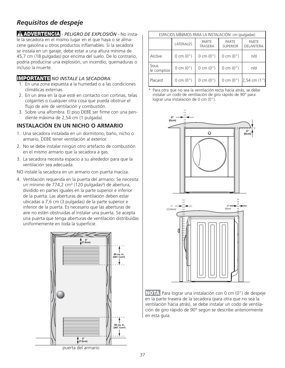 Requisitos de despeje, Instalación en un nicho o armario | FRIGIDAIRE GLGQ2170KE User Manual | Page 37 / 48